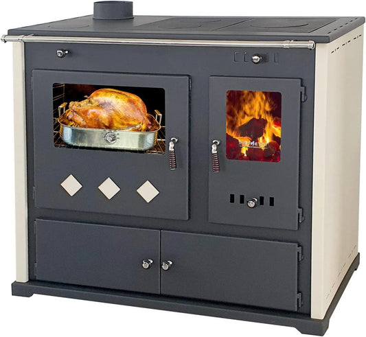 Prometey, Ohnivzdorné pece, Sporák s pečivem a sporákem na sporáku Pracktik Lux Beige LINKS kamna na dřevo, Béžová, 9.5 kW, 94 cm, 90 cm, 52 cm