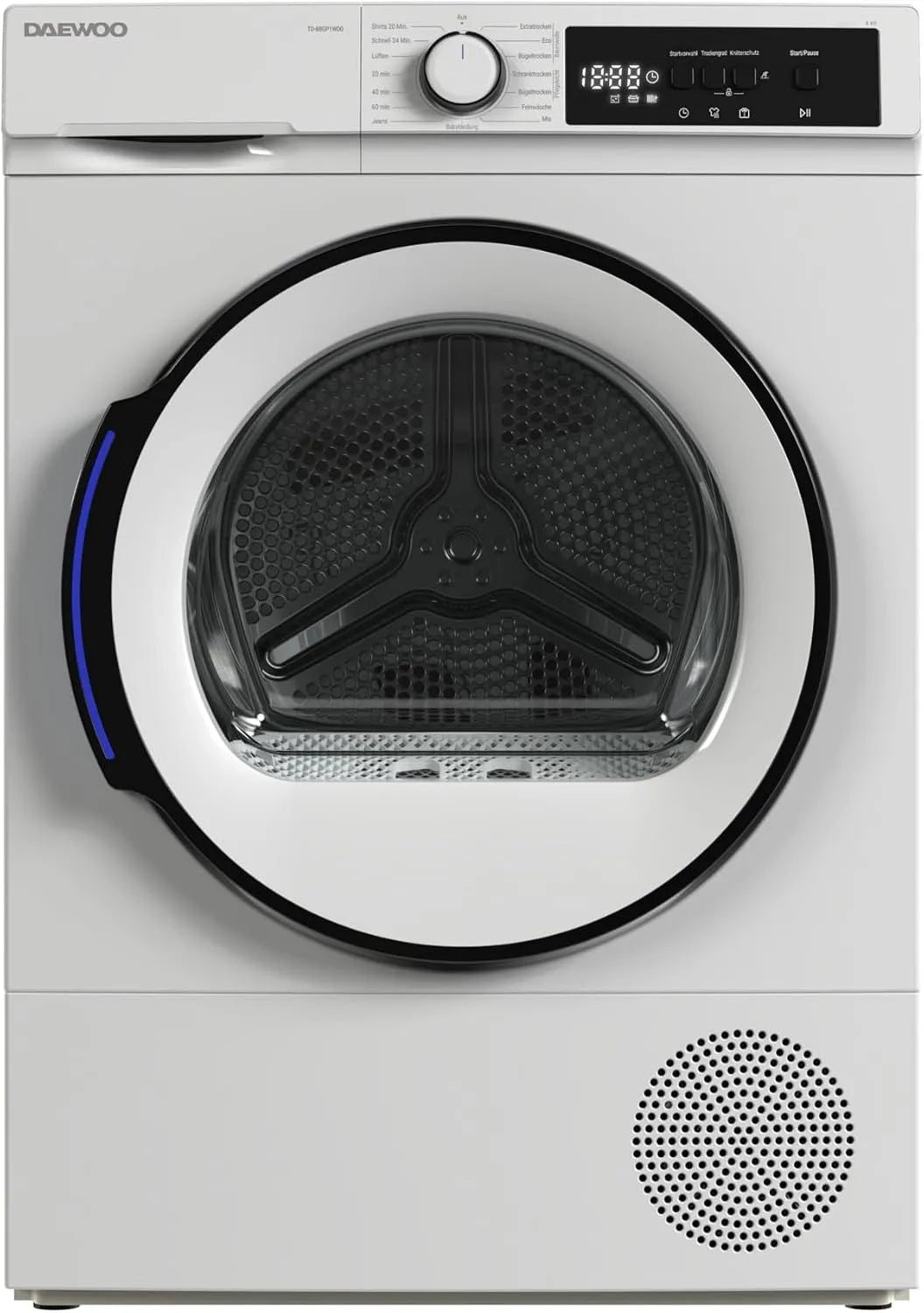 Daewoo TD-B8GP1WD0-DE, Sušičky s tepelným čerpadlem, Clothes Sušička přední, D, 8 kg Tepelné čerpadlo Sušička, 15 programů s krátkým, Bílá, 8G