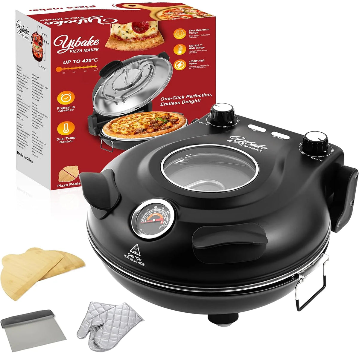 YIBAKE, Pece na pizzu, 1200W pizzerie elektrická, vnitřní pizza trouba, černá, 1200W, 3L