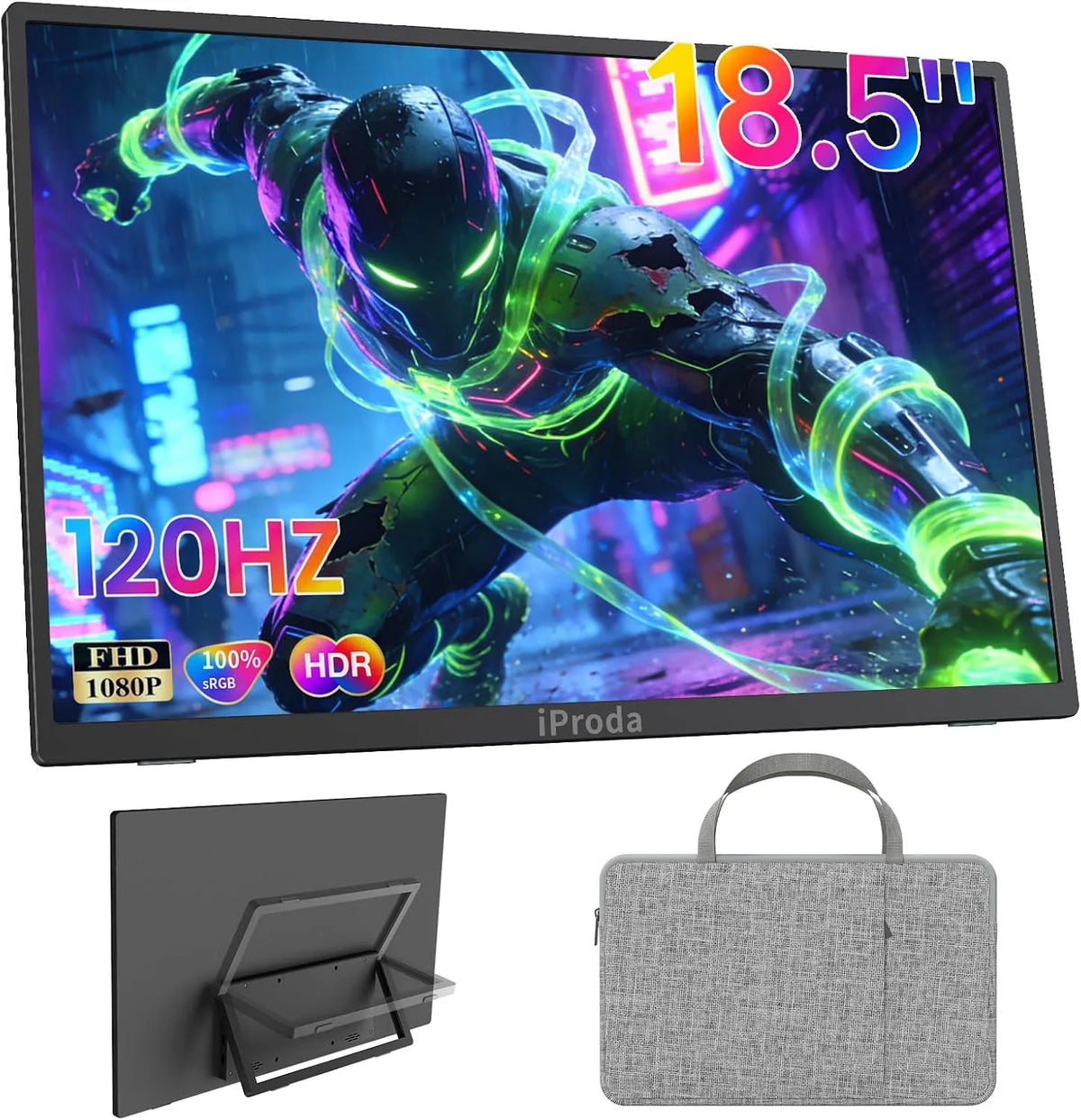 iProda 1080P, Monitory, Přenosný monitor 18, 5 palců FHD 120Hz IPS sRGB S taškou, Černá, 120Hz, Full HD, 1920 x 1080, 75 x 75 mm