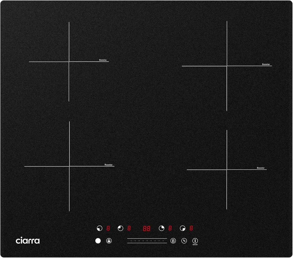 CIARRA AWBIH4B, Varné desky, Indukční sporák- 60 cm budova 7200 W PowerBoost s 4 destičkami Ovládací panel, Černá, 60 cm, 7200 W, 9 v, 26 cm