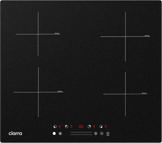 CIARRA AWBIH4B, Varné desky, Indukční sporák- 60 cm budova 7200 W PowerBoost s 4 destičkami Ovládací panel, Černá, 60 cm, 7200 W, 9 v, 26 cm