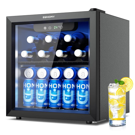 EUHOMY, Nápojové chladničky, Lednička s nápojovým zařízením, Mini Lednice se skleněnými dveřmi, Pivní, Černá, 43dB, 36L, 43 × 41 × 47 cm
