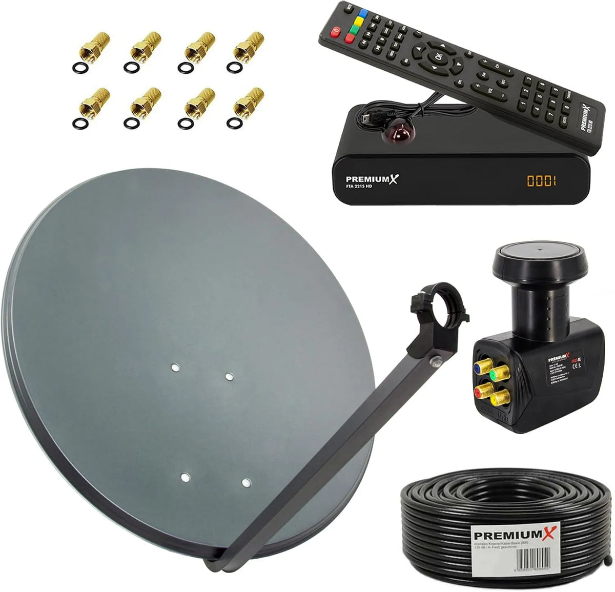 Premium X, ZXQKEEP0QXZ, X, Kompletní satelitní zařízení, X satelit plný systém 60cm satelitní miska ALU antracit SAT Quad LNB 50m kabel, antracit
