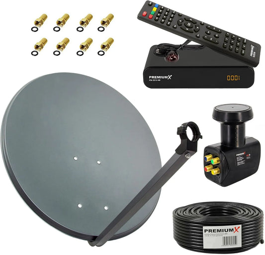 Premium X, ZXQKEEP0QXZ, X, Kompletní satelitní zařízení, X satelit plný systém 60cm satelitní miska ALU antracit SAT Quad LNB 50m kabel, antracit