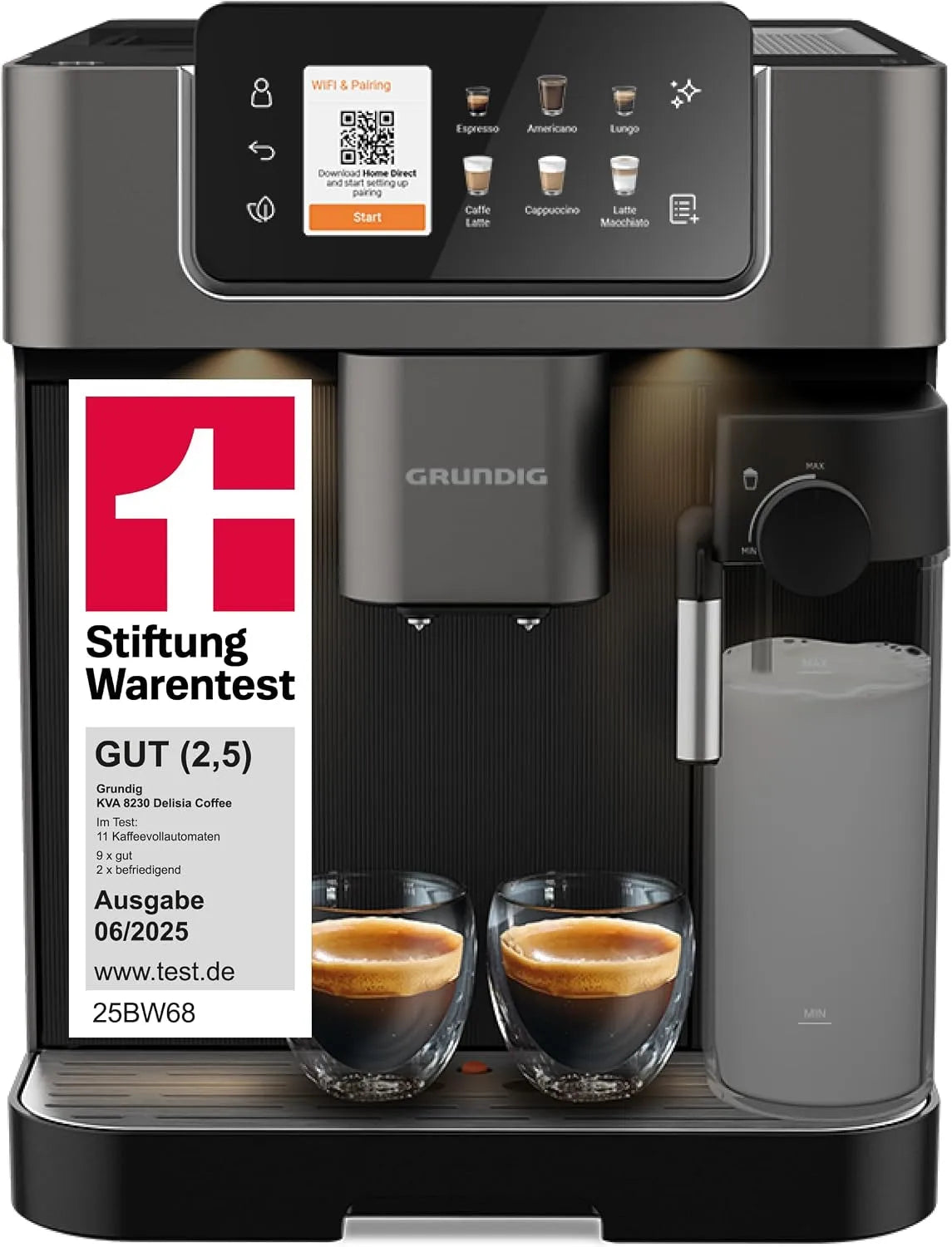 GRUNDIG, Kombinace espresso stroje a kávovaru, Základní kávovar KVA 8230, 1350 W, 19 bar, Černá / stříbrná, 2l, 250g