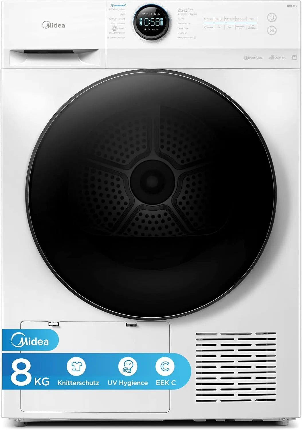 Midea MD20EH80WB-A3, Sušičky s tepelným čerpadlem, Vysoušeč teplovodních čerpadlů Midedic 8 kg energetická třída C dálkové ovládání, Černá, 8 kg
