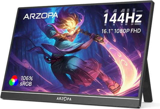 ARZOPA Laptop/PC/Mac/PS3/4/5/Xbox 1080P, Monitory, 16.1 '144HZ Přenosný monitor s jedním stojanu, 106% sRGB 1920 × FHD HDR 144HZ, Černá, 16.1 '