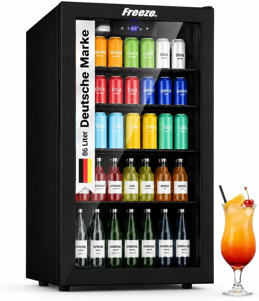 FREEZE., Nápojové chladničky, Nine B + 86L Nápoj lednice, 126- plechovka minilednice, skleněná lednička, Černá, 86L