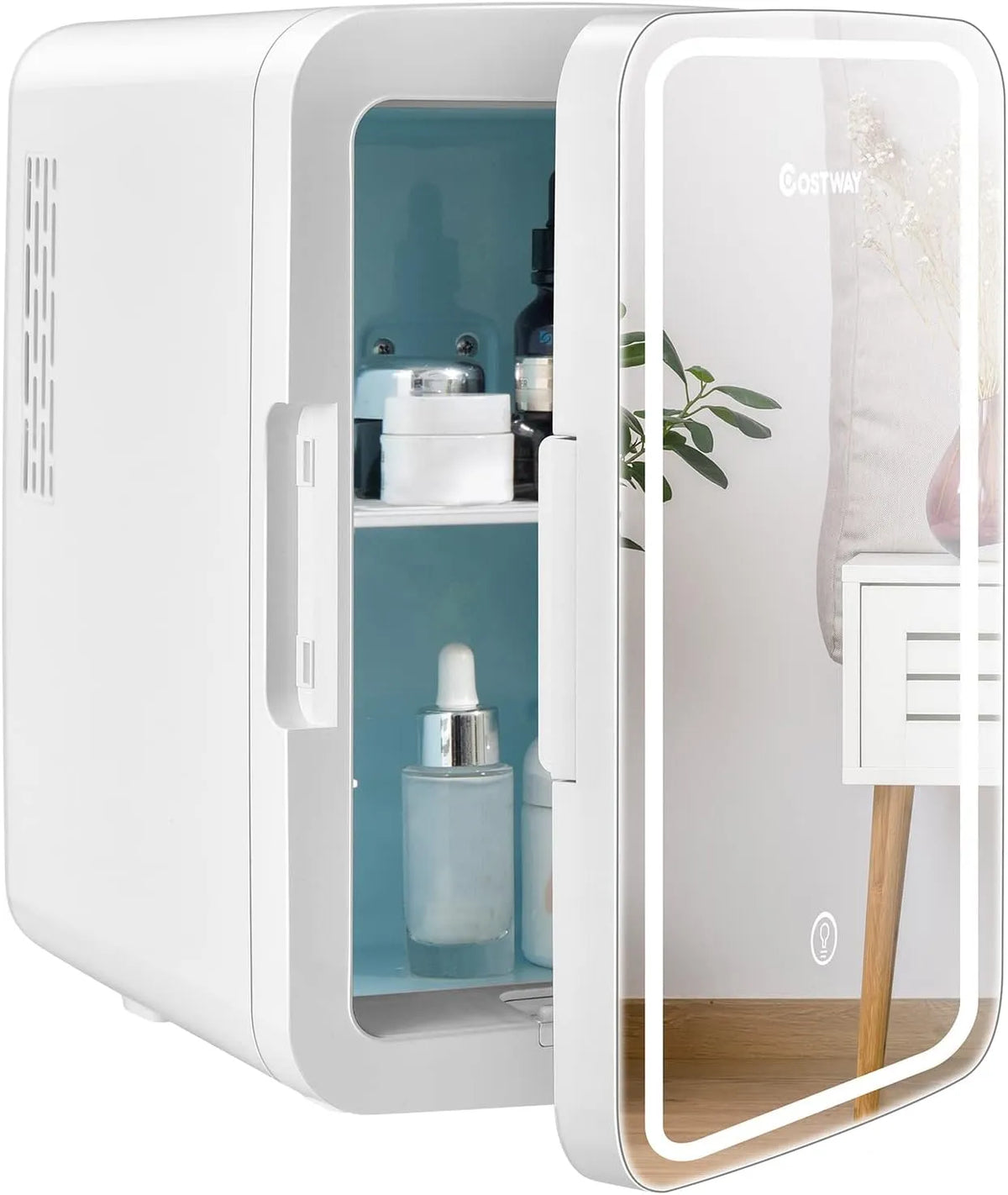 COSTWAY 3-stufige 3-level, Minichladničky, 10L Mini Lednice Sklo dveře, Skincare Lednice, AC / DC Mini Lednice s jas, Bílá, 10L, 23 x 28 x 34 cm